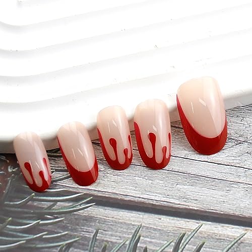 Halloween Press on Nails Medium Length Horror Bloody Fake Nails Red French Tips Nails Coffin Full Cover False Nails with Nail Glues for Women and Girls Halloween Party Nail Decorations 24Pcs - Image 5