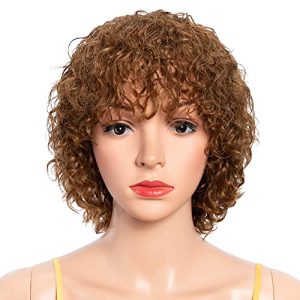 Short Curly Wigs For Black Women None Lace Front Bob Human Hair Wigs Short Human Hair Wigs with Bangs 150% Density Machine Made Short Bob Pixie Cut Curly Water Wave Wigs #30 Color NOBLE HAIR