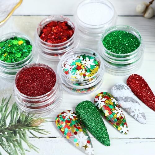 Christmas Nail Glitters Christmas Tree Snowflakes Nail Sequins Red Green Mixed Xmas Designs Powder Hexagon Chunky Glitter Flakes Nail Art Glitter Christmas Nail Accessories for DIY Nail Craft - Image 2