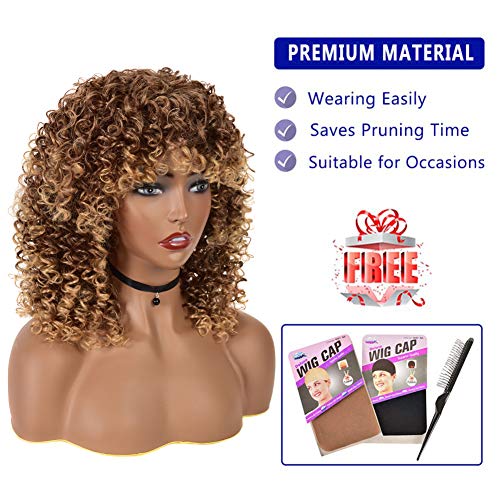 Curly Wigs for Black Women - Kinky Afro Curly Wig with Bangs 2 Tone Blonde Mixed Brown Color Synthetic Heat Resistant Full Wigs with 1 Wig Comb and 4pcs Wig Caps - Image 4