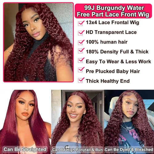 99J HD Lace Front Wigs Human Hair Pre Plucked 180 Density Burgundy Deep Wave Frontal Wigs 13x4 Natural Hairline Human Hair Wigs for Black Women(22 Inch) - Image 4