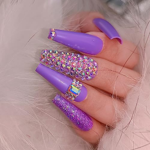 24 Pcs Nude Purple Press on Nail Long Bling Glam Ballerina Flash Diamond Crystal Glossy Fake Nails Coffin Nails Tips,Glitter Rhinestones Gems False Nails Glue on for Women and Girl - Image 3