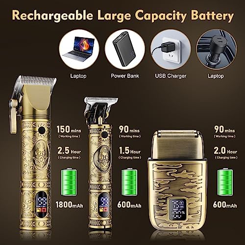 Professional Hair Clippers for Men,Hair Clippers+T-Blade Trimmer+Electric Shaver+Nose Hair Trimmer Set,4 in 1 Cordless Barber Hair Cutting Kit LCD Display Gifts (Gold) - Image 2
