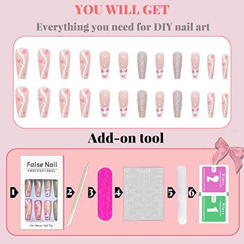 French Tip Press on Nails Long Coffin Fake Nails With Glue Glitter Full cover Fake Nails with Pink Little Heart Glitter Line Design static nails Reusable Acrylic Nails Glue on nails for Women Girls 24Pcs - Image 3
