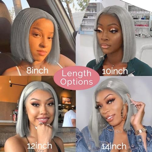 Bob Wig Human Hair Grey 13x4 Lace Front Wigs Human Hair Pre Plucked Hairline Middle Part Brazilian Virgin Human Hair Lace Front Wigs 14 Inch Bleached Knots Lace Front Short Bob Wig 180% Density - Image 6