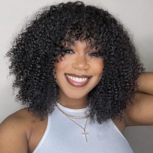 12 Inch Short Curly Afro Wig with Bangs, 100% Brazilian Virgin Human Hair for Black Women