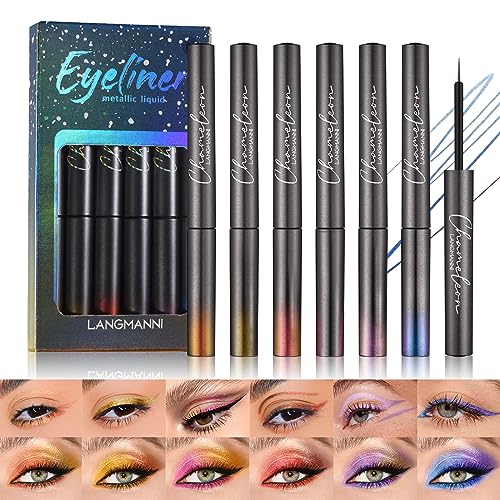 Jolilab Liquid Eyeliner, Glitter Liquid Eyeliner,6 Colors Liquid Glitter Eyeliner Set, Quick-Drying, Rich Pigment, Colourful, Holographic Glitter Multichrome Eyeliner Eyeshadows Makeup Set (A)