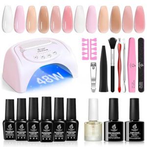 Beetles Gel Nail Polish Kit with U V LED Light 48W,6 Colors Jelly Milky White Sheer Pink Nude Gel Polish Starter Kit Manicure,Soak Off U V Gel Nail Polish Set Salon DIY Women‘s Day Gifts for Mom
