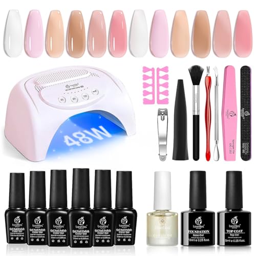Beetles Gel Nail Polish Kit with U V LED Light 48W,6 Colors Jelly Milky White Sheer Pink Nude Gel Polish Starter Kit Manicure,Soak Off U V Gel Nail Polish Set Salon DIY Women‘s Day Gifts for Mom