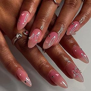Medium Almond Pink Press-On Nails with 3D Butterfly Rhinestone Designs 24 Piece Set