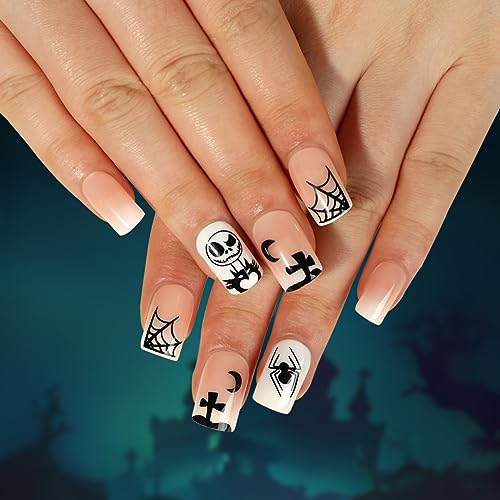 TailaiMei 48Pcs Halloween Press on Nails Short Square Fake Nails with Self-Adhesive Jelly Nail Glue Tabs, Ghost, Spider Web Artificial Nails Acrylic Full Cover Nail False Fingernails for Women (White) - Image 2