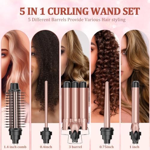 5 in 1 Curling Iron Set, Curling Wand Set with Changeable Attachment Including Triple Barrel Hair Waver 0.35” 0.75” 1” Curling Iron 1.4” Curling Brush and LCD Temperature Display - Image 2
