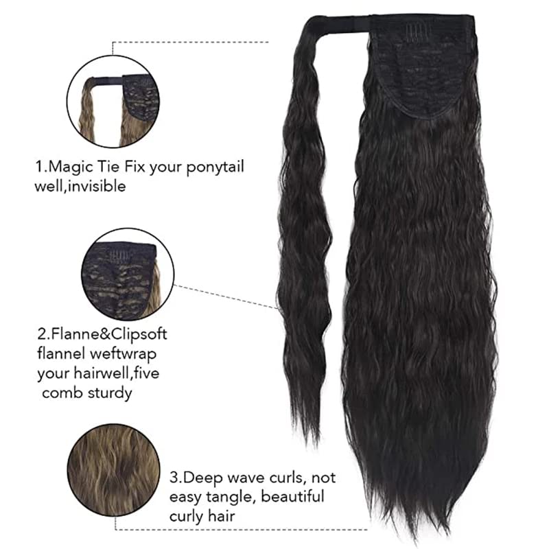 22'' Kinky Straight Ponytail Synthetic Fiber Wrap Around Ponytail Clip in Hair Extensions Ponytail for Women Brown Black - Image 3