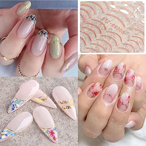 French Line Nail Art Stickers Decals 8 Sheets 3D Self-Adhesive Metal Curve Stripe Lines Design Nail Decorations Half Moon, Wave Line, Metallic Chains Line and Star for Women Acrylic Nail Supply - Image 5