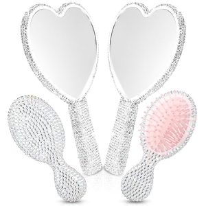 4 Pcs Rhinestone Handheld Mirror and Bling Hair Brush Set 2 Cute Heart Shaped Mirror 2 Wet and Dry Hair Brush for Women, Girls Bride, Bridesmaid Gift (White and Silver)