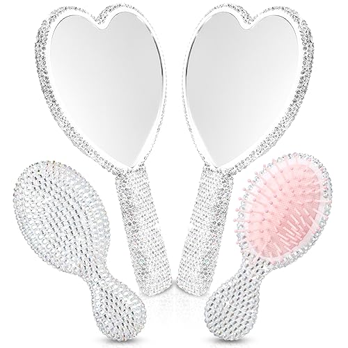 4 Pcs Rhinestone Handheld Mirror and Bling Hair Brush Set 2 Cute Heart Shaped Mirror 2 Wet and Dry Hair Brush for Women, Girls Bride, Bridesmaid Gift (White and Silver)