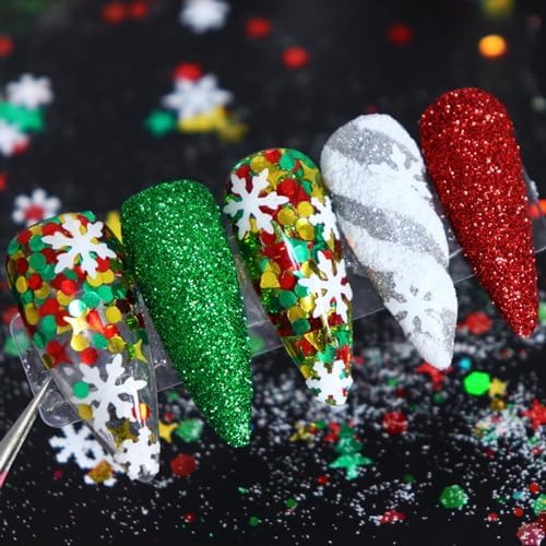Christmas Nail Glitters Christmas Tree Snowflakes Nail Sequins Red Green Mixed Xmas Designs Powder Hexagon Chunky Glitter Flakes Nail Art Glitter Christmas Nail Accessories for DIY Nail Craft - Image 3