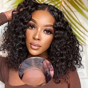 Glueless Wear and Go Bob Human Hair Wigs Deep Wave Bob Lace Front Wigs Human Hair 4x4 No Glue Lace Front Wigs Human Hair Pre Plucked Natural Hairline Curly Bob Wig 12 Inch
