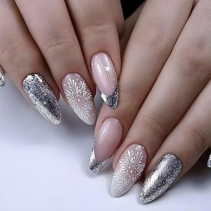 24 Pcs Snowflake French Tip False Nails for Festive Christmas Style