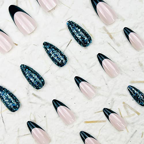 24 Piece Medium Almond Blue Glossy French Tip Press On Nails Glitter Design - Image 5