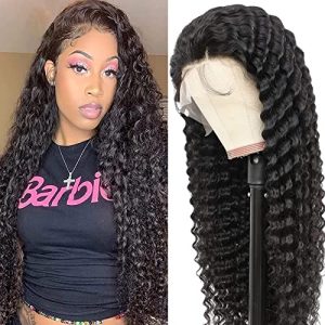 Deep Wave Lace Front Wigs Human Hair 13x4 Curly Lace Front Wig Human Hair HD Lace 20 Inch Glueless Lace Frontal Wigs Human Hair Pre Plucked with Baby Hair 180% Density Curly Wigs for Black Women