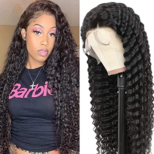Deep Wave Lace Front Wigs Human Hair 13x4 Curly Lace Front Wig Human Hair HD Lace 20 Inch Glueless Lace Frontal Wigs Human Hair Pre Plucked with Baby Hair 180% Density Curly Wigs for Black Women