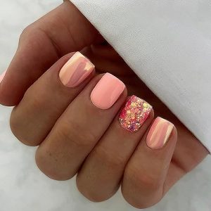 Press on Nails Short Square Fake Nails Acrylic Glue on Nails Pink False Nails with Glitter Designs Acrylic Artificial Glossy Nails Full Cover Stick on Nails for Women 24Pcs