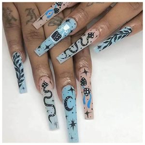 24 Pcs Long Coffin Ballerina Press On Nails Snake Stars Moon Design Set