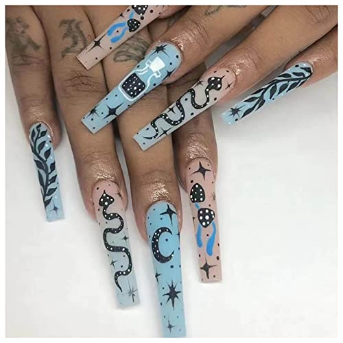 24 Pcs Long Coffin Ballerina Press On Nails Snake Stars Moon Design Set
