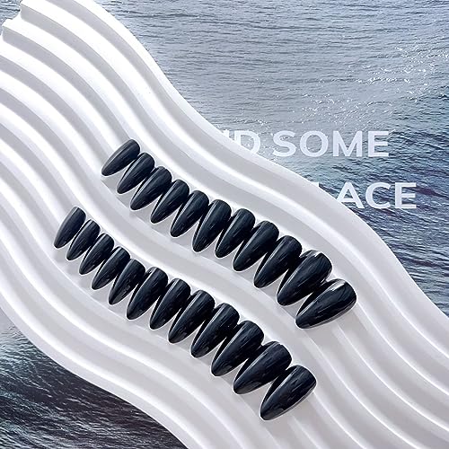 Black Press on Nails Almond Shape,KXAMELIE Glue on Nails Medium Acrylic Nails Press on with Solid Glossy Nude Color Design Fake Nails Set for Women Girls Daily Wear in 24PCS - Image 3
