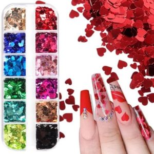 12 Colors Heart Nail Art Glitter Sequins 3D Holographic Valentine's Day Nail Art Flakes Colorful Nail Glitter Powder Heart Love Design Confetti Glitter Makeup DIY Manicure Decoration for Women