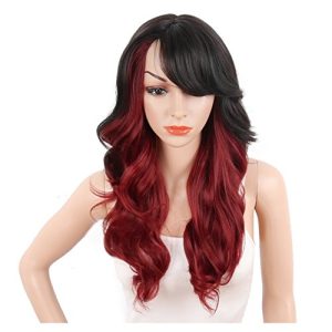 Ombre Red Synthetic Wigs for Black Women Dark Roots Long Natural Wavy Full Synthetic Hair Wigs For Women Side Parting With Bangs Heat Friendly Replacement Wigs 24 Inches (Ombr 1B/Red)