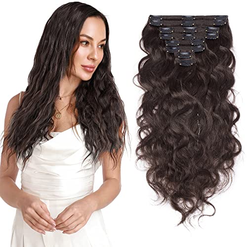 S-noilite Clip in Hair Extensions Real Human Hair Curly Wavy Dark Brown Human Hair Extensions Clip Ins 18 Inch 8pcs 140g Straight Real Hair Extensions Clip in Human Hair Double Weft #2W