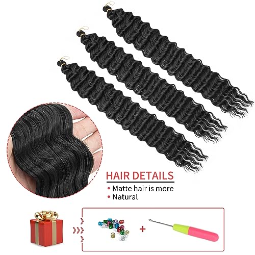 22Inch Ocean Wave 3Pack Crochet hair Extexsions Long Braids Deep wave Synthetic hair Curly Braiding hair for Black Women (22Inch (Pack of 3), Black) - Image 4