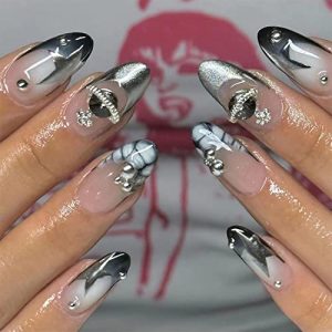 24 Pcs Y2K Press on Nails Medium Almond French Tip Fake Nails Full Cover False Nails with Stars Designs Glossy Glitter Acylic Nails with Planet Rhinestones Artificial Nails for Girls Women
