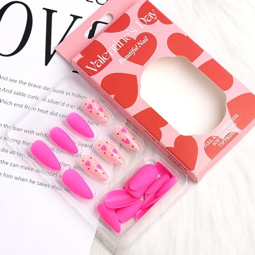 Valentine's Day Press On Nails Medium Almond Heart Fake Nails,Barbie Pink Hearts Design Frosted Gel Acrylic Nails Kit, Valentines Day Nail Accessories Decorations 24Pcs (BarbiePinkHeart) - Image 7