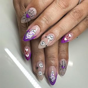 24pc Medium Almond Glossy Purple Ghost Halloween Press On Nails