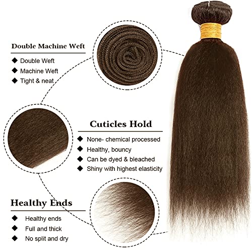 24 26 28 Inch Color #4 Bundles Kinky Straight Human Hair Bundles Brazilian Unprocessed Virgin Remy Human Hair 3 Bundles Dark Brown Yaki Straight Bundles Double Weft Hair Weave for Women - Image 3