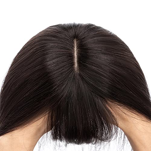 S-noilite Hair Toppers for Women Real Human Hair Topper with Bangs 6 Inch #1B Natural Black Silk Base clip in topper for Women with Thinning Hair 27g Hair Loss Cover 100% Real Human Hair - Image 6