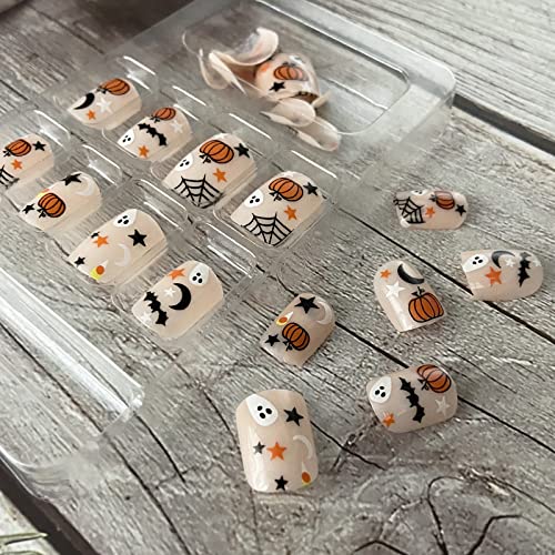 Short Square Halloween Press On Nails with Pumpkin Moon Star Ghost Design for Women - Image 4