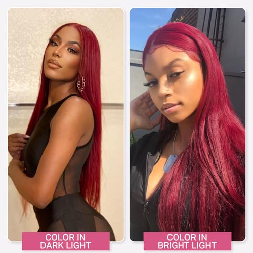 13x4 99j Burgundy Lace Front Wigs Human Hair Straight Lace Front Wigs with Pre-Plucked Natural Hairline 180% Density Glueless HD Transparent Lace Burgundy Lace Frontal Wigs for Women (16 inch) - Image 5