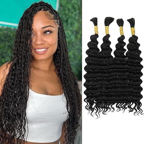 Deep Curly Human Braiding Hair For Boho Braids 15A Soft Thick Bulk Braiding Hair 18 Inch 200g (50g*4pc) Human Bulk Virgin Human Braiding Hair For Micro Braids Hair No Weft (Deep Bulk, Natural Black)