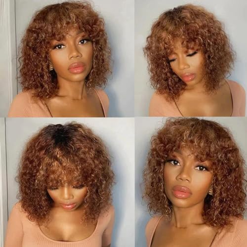 Short Curly Human Hair Wigs with Bangs Water Wave Bob Wig Human Hair Glueless Brazilian Virgin Human Hair Wigs for Black Women 150% Density None Lace Front Wigs 10 Inch Ombre Brown Color - Image 6