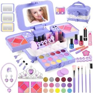 AstarX ® 59 in 1 Kids Makeup Kit for Girl, with 3-Color LED Lighted Makeup Mirror Washable Little Girls Makeup Kit Girls Toys Age 3-12 Perfect Girl Birthday Gift
