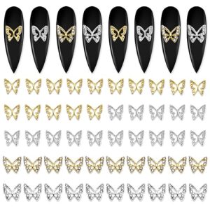 SILPECWEE 50pcs 3D Butterfly Nail Charms Golden Silver Butterfly Charms for Nails 20 Butterflies Nail Rhinestones Gems Charms + 30 Alloy Butterfly Studs Jewels Alloy Nail Crystals Diamonds Decor