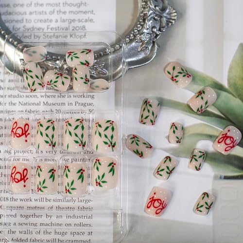 Press on Nails Christmas False Nails Short Square Stick on Nails Full Cover Matte Acrylic Nails with Snow Leaf Letter Designs Stick on Nails Natural Artificial for Women and Girls 24 PCS Manicure - Image 5