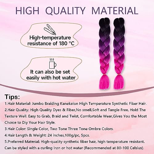 Kanekalon Ombre Braiding hair synthetic Crochet braids twist 24inch 5pcs/lot 100g Ombre two three tone Jumbo braid hair extensions Dreadlocks (black-purple-rose) - Image 4