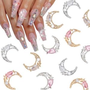 12 Piece 3D Alloy Moon Nail Charms Set with Gold Silver Rhinestones for Nail Art