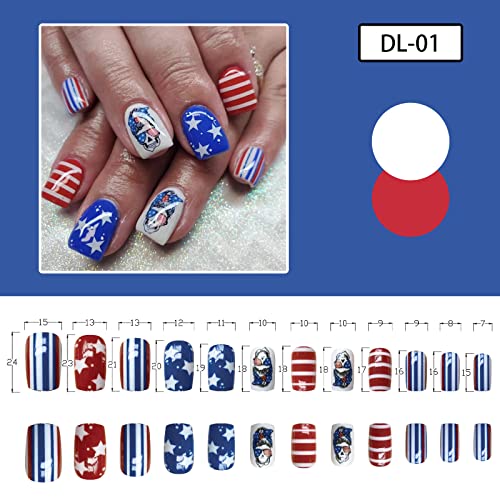 24Pcs Press on Nails Short Square Independence Day Acrylic Nails Glue on Nails July 4 Decorations Fake Nails with Red White Blue Skeleton Design Full Cover False Nails Stick on Nails for Women Girls - Image 5