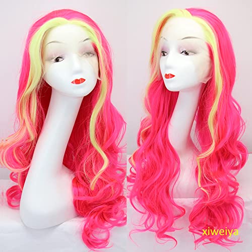 Golden Yellow Highlight Pink Long Wavy Synthetic Lace Front Wig for Women 24-inch
